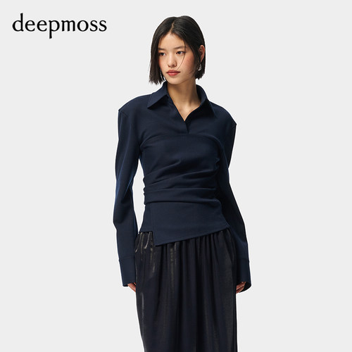 deepmoss弹力束腰翻领衬衫上衣
