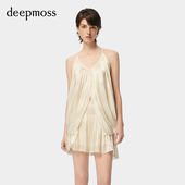 休闲优雅水泽褶裥开叉吊带上衣 时尚 deepmoss 潮流复古优雅女装