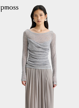 【deepmoss】2025新款女时尚松灰宝蓝一字领水溶羊毛衫上衣打底衫
