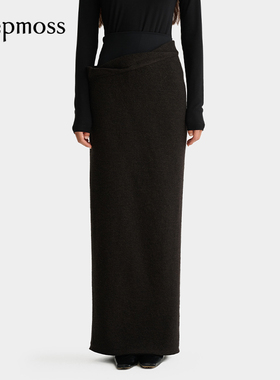 【deepmoss】2025秋冬新款女士设计感时尚斜襟层次腰头裹身长半裙