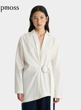 【deepmoss】2025秋冬新款女士时尚设计感不对称束腰搭扣衬衫