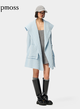 【deepmoss】冬季休闲女装翻领流苏贴袋中长款羊毛毛呢大衣外套