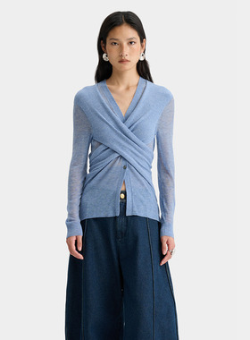 【deepmoss】2025秋冬女士气质可调节交叠羊毛混纺针织衫修身上衣