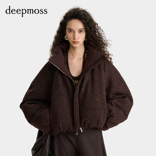 【deepmoss】2025秋冬女士彩点羊毛廓形95绒立领短款羽绒服外套