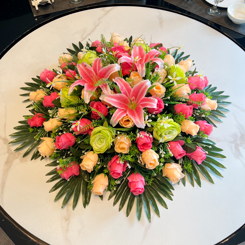 大圆桌转盘仿真花餐桌摆花高档酒店餐厅客厅假花摆设装饰花艺摆件