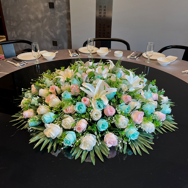 大圆桌转盘仿真花餐桌摆花