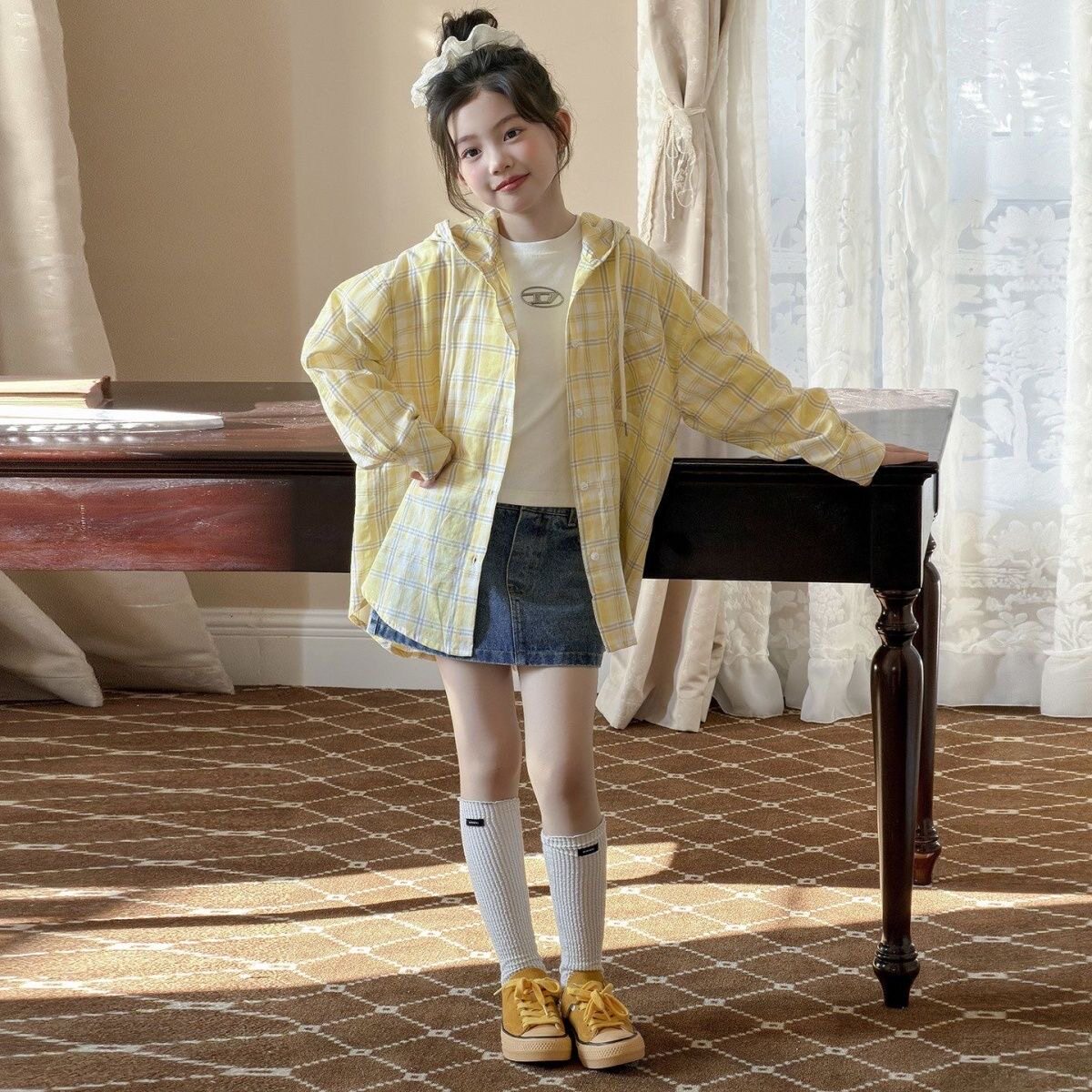 女童纯棉衬衫2026新款儿童洋气格子衬衣中大童春秋款长袖上衣外套