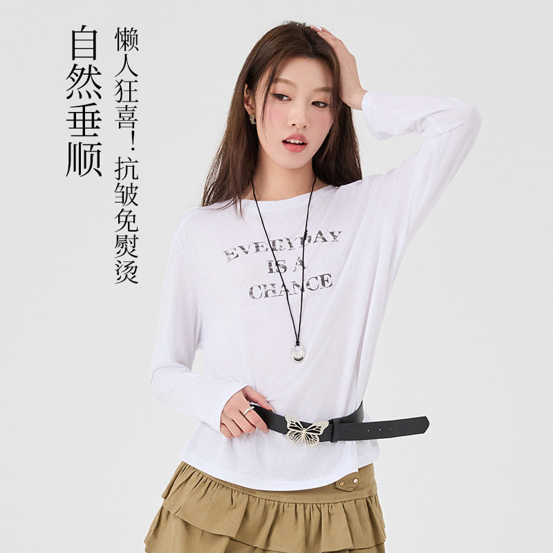 慵懒感雪花棉字母印花长袖女春夏新款圆领简约T恤韩版宽松上衣女