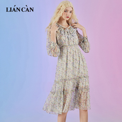 莲灿2023秋季新商场同款波西米亚风飘带蕾丝花边雪纺长袖连衣裙