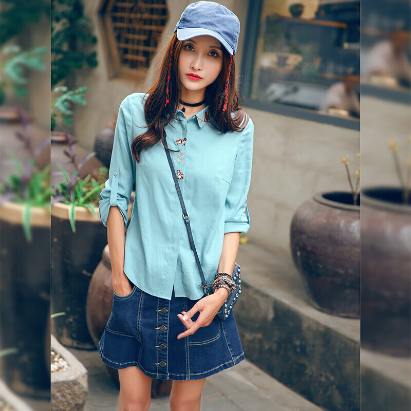 裂帛裂帛新款春秋复古薄荷曼波简约长袖衬衫猫咪刺绣设计师款上衣