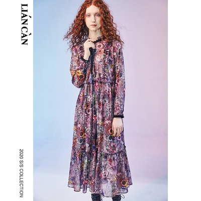 莲灿2023秋季新原创设计抽褶花边波西米亚风雪纺长袖连衣裙