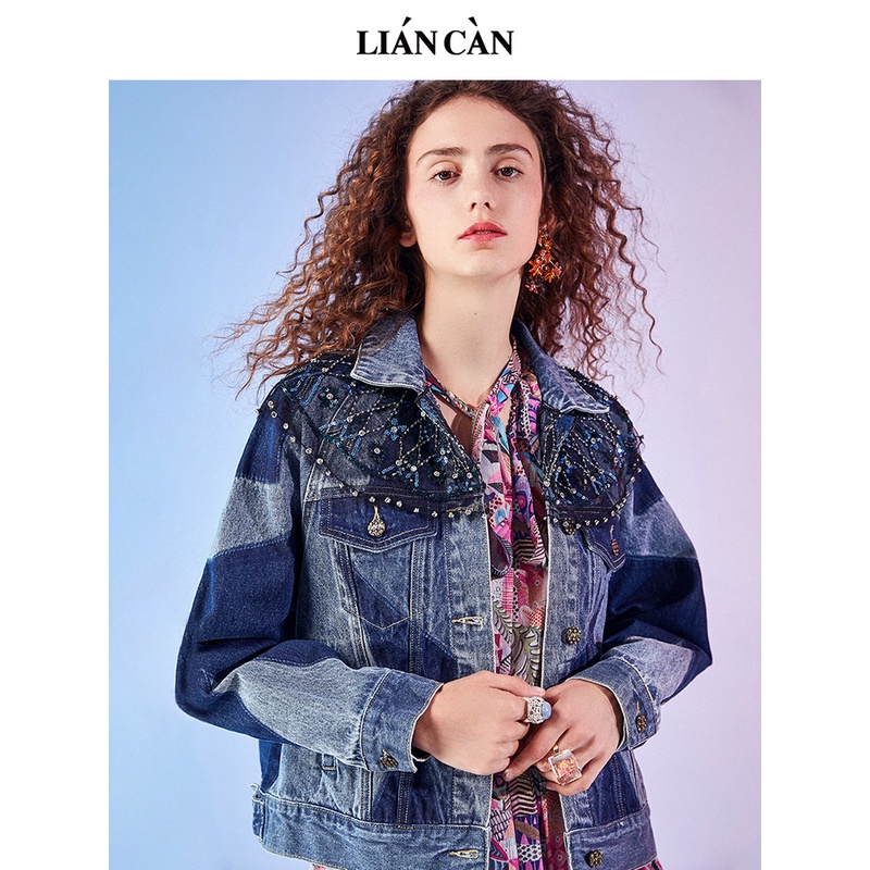 【莲灿】直播春新多巴胺个性设计感刺绣撞色牛仔蓝外套7121196006