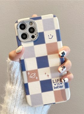 卡巴顿 日韩棋盘格笑脸适用苹果15手机壳新款iphone16promax男女13超好看11防摔12小羊皮情侣14pro小众不撞壳