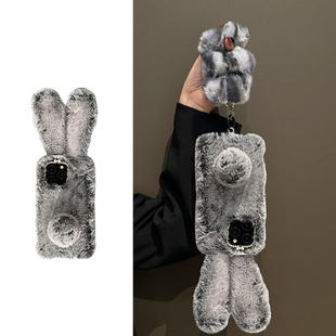 卡巴顿 秋冬天毛绒灰兔适用苹果15promax手机壳17/17air新款16女iphone14plus带挂绳15p毛茸茸13超好看12软11