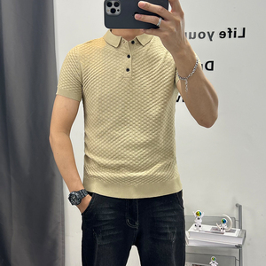 男士polo领纯色翻领针织衫男半袖短袖毛衣弹力紧身青年毛线衣长衣