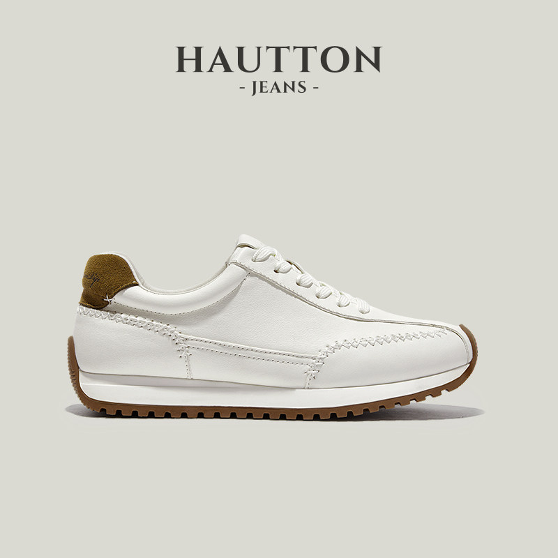 HauttonJeans真皮运动鞋男2026新款百搭休闲小白鞋男士薄底阿甘鞋