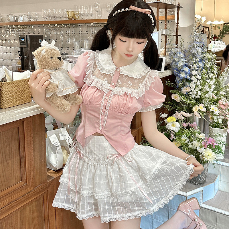 【全套领100元券】御茶家落樱吹雪 甜美纯欲公主风粉色蕾丝蛋糕裙