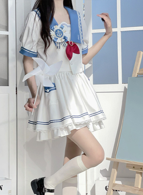 御茶家 少女航海家水手服jk制服套装裙 蓝色海军学院风短袖盛夏服