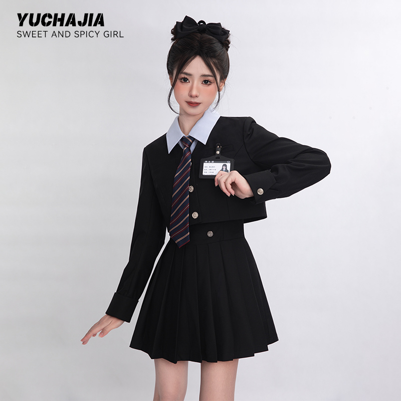 御茶家 美式学院风连衣裙jk制服套装韩系甜辣少女西装大胸裙子秋 女装/女士精品 时尚套装 原图主图