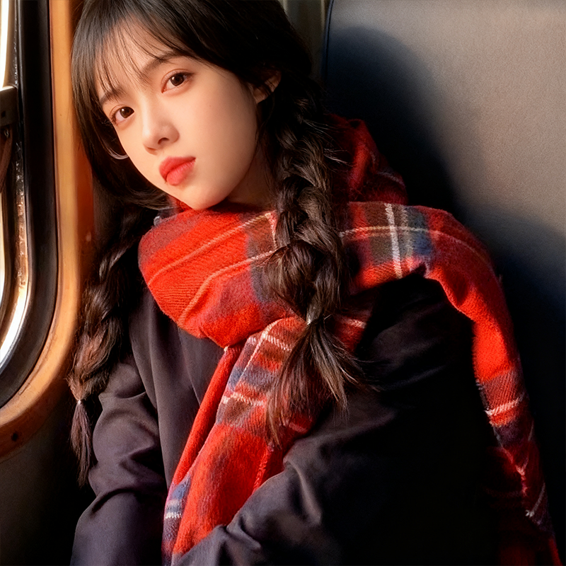 御茶家 2025新款围巾秋冬加厚大格子围脖护颈韩系氛围感红色女生