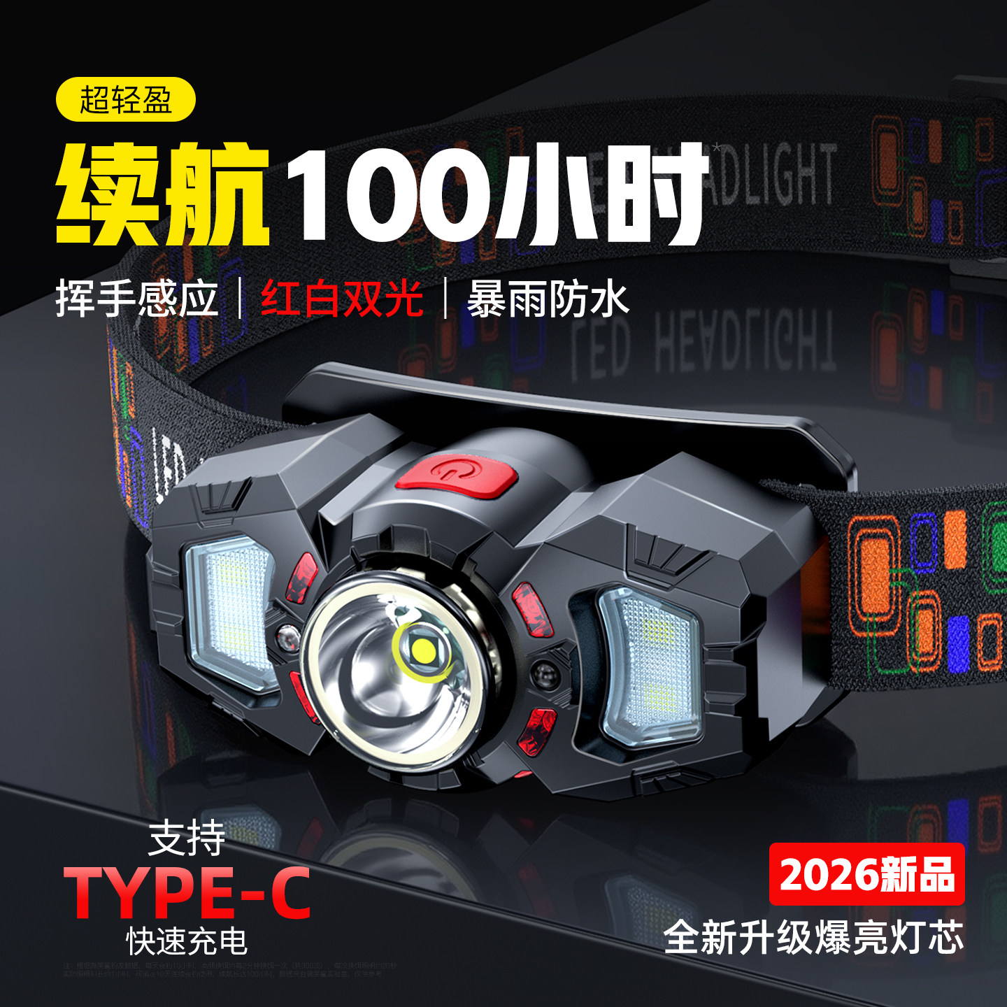 头灯2026新款强光超亮户外登山夜钓鱼专用灯感应超长续航100小时