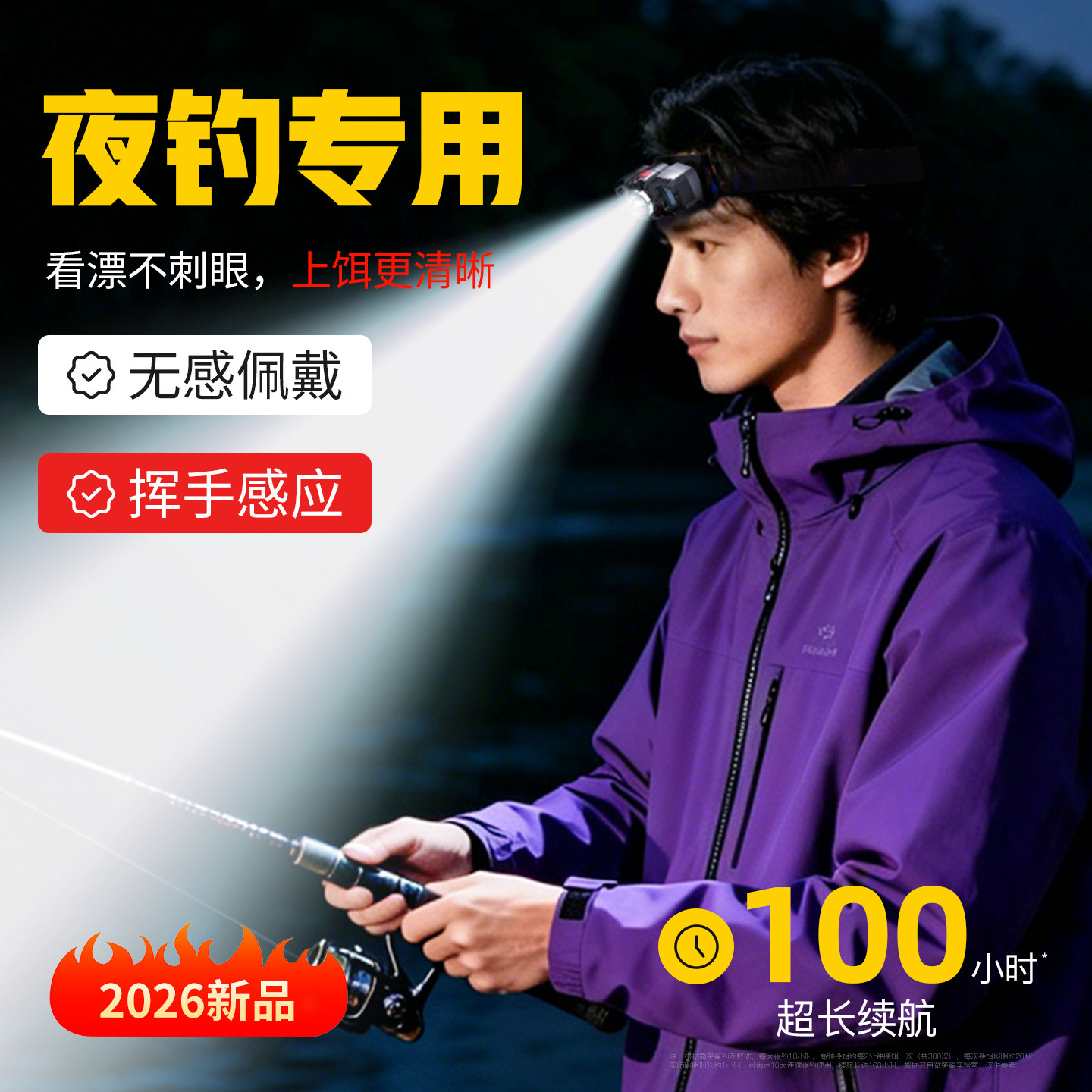 夜钓头灯2026新款强光超亮头戴式照明灯超长续航100小时钓鱼专用