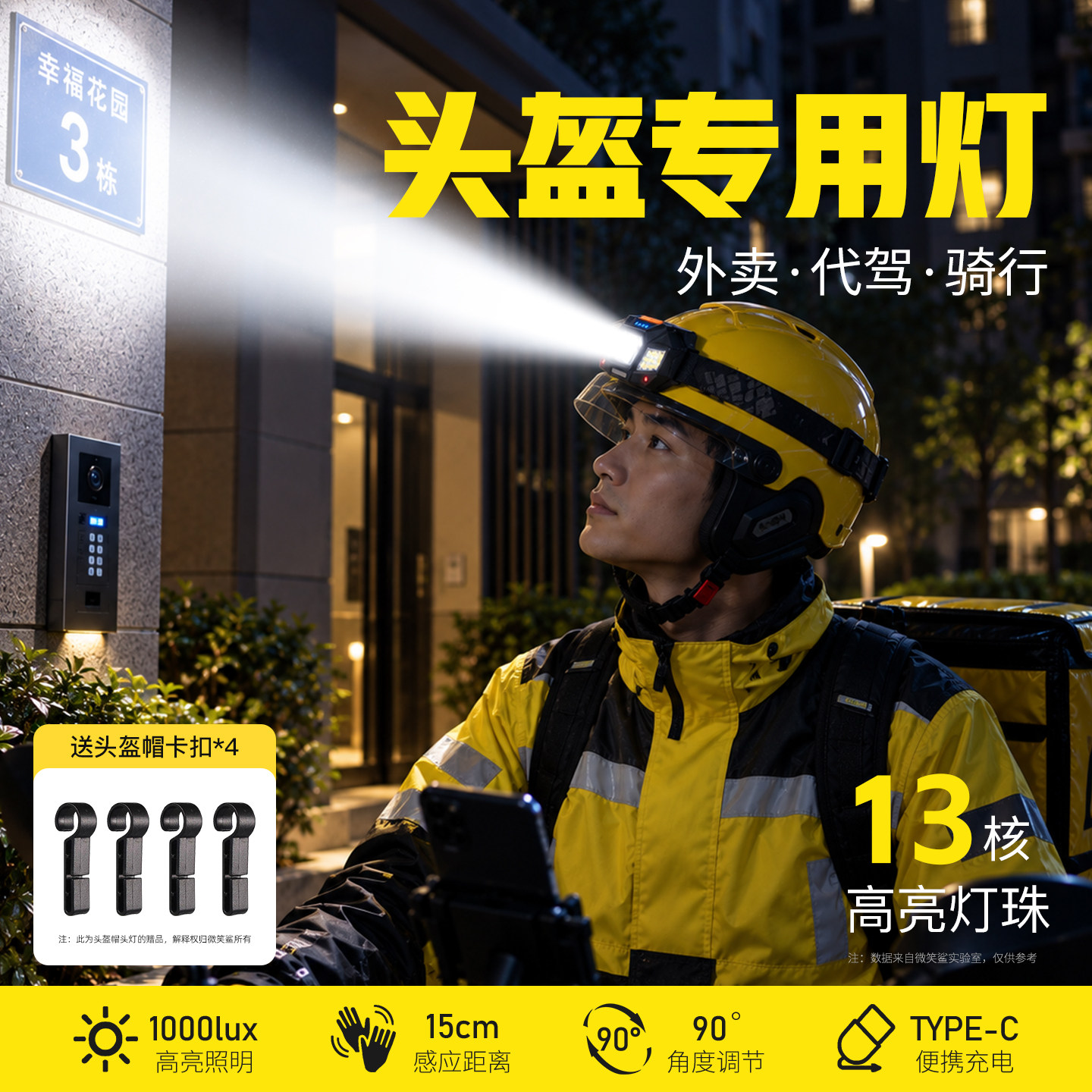 头盔头灯新款强光超亮感应超长续航头戴式照明灯外卖代驾骑行专用