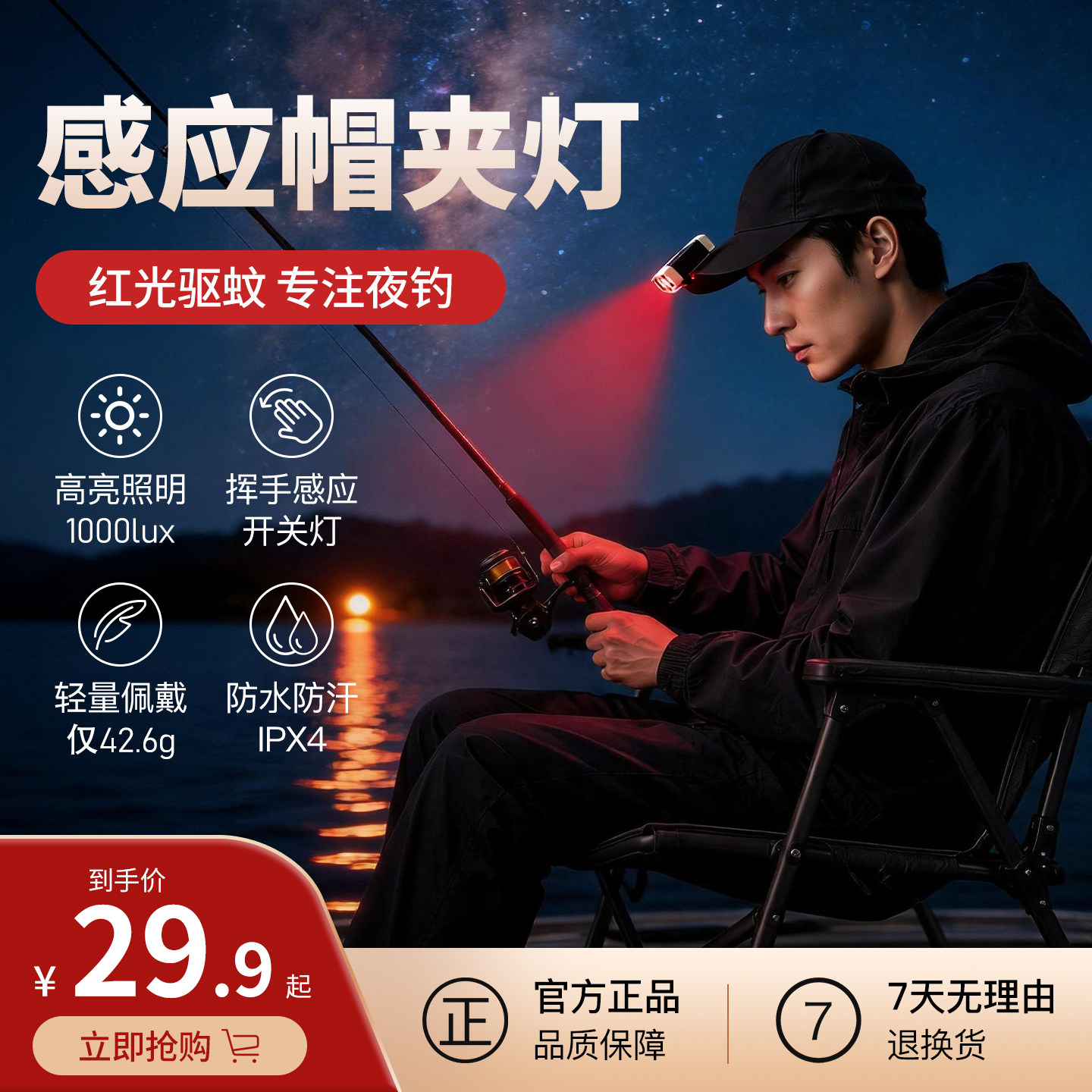 头灯钓鱼专用感应超长续航帽夹灯头戴式强光充电款夜钓红光照明灯