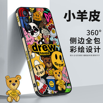 美赞仕贴纸熊适用opporeno10手机壳新款reno9全包reno8保护套pro防摔FindX6彩绘oppo潮牌reno7侧边findx5皮纹