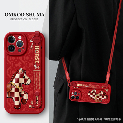 美赞仕格子小马适用苹果17手机壳iPhone 16新款14腕带13支架12斜挎15可背pro挂绳promax女x防摔保护套8过年款