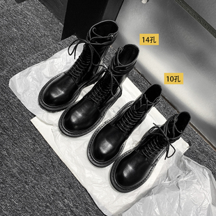 两个筒高 牛皮马丁靴大叔家秋冬系带中跟侧拉链短靴女 ANN同款