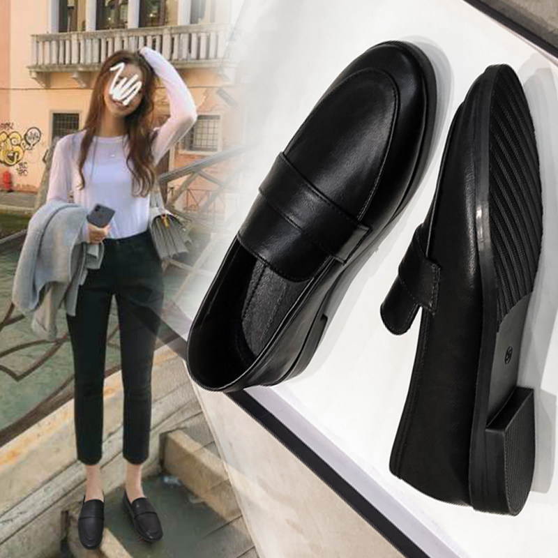 黑色英伦风小皮鞋2024春秋新款复古女鞋一脚蹬乐福鞋百搭平底单鞋,女鞋,浅口单鞋,淘宝优惠券,粉丝福利购,淘宝优惠卷