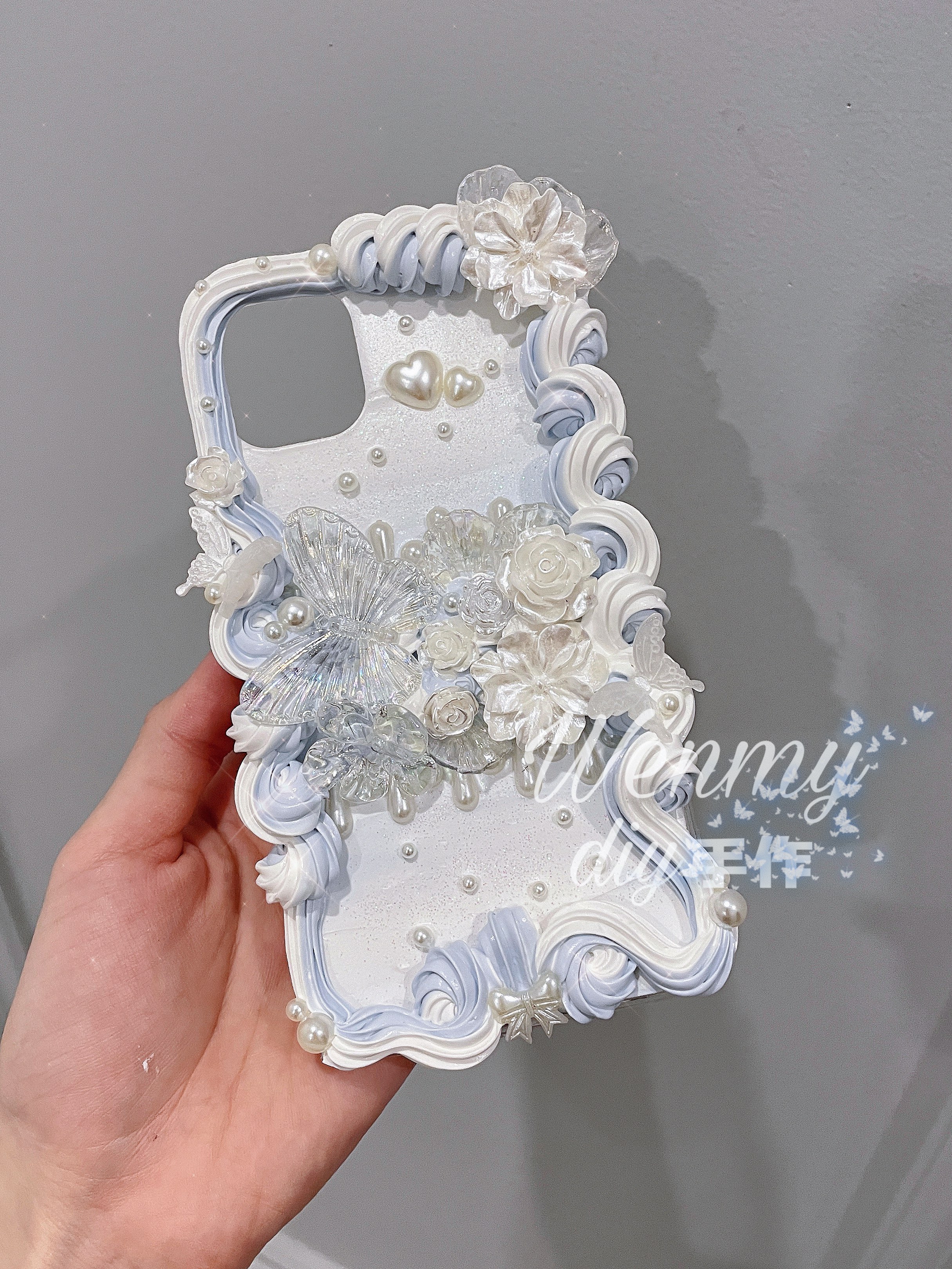 少女雾霾蓝简约小清新风成品奶油胶手机壳适用于iphone14promax 13pro