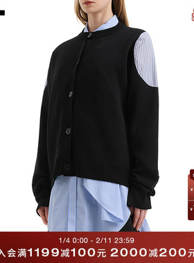 IT Nagonstans女装圆领针织开衫新款时尚气质布贴拼接针织外套