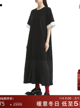 IT Nagonstans女装宽松短袖连衣裙新款拼接拼色圆领长裙583691XP