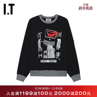 潮酷暗黑条纹拼接套头衫 宽松圆领卫衣新款 上衣28CS04MP C.E男装