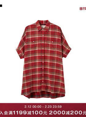 IT R13女装衬衫式短袖连衣裙新款复古文艺风格纹衬衫裙R13WR0XQ