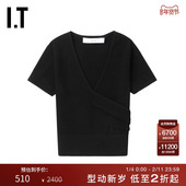 IRO女装 时尚 短款 短袖 上衣新款 辣妹交叠设计修身 露脐上衣OANXXN