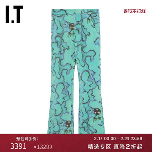 IT ERL男装毛呢喇叭裤新款时髦摩登合身长裤满幅图案花裤子P032ML