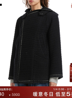 IT ADER error女装毛呢连帽大衣新款时髦气质缝线装饰呢子外套