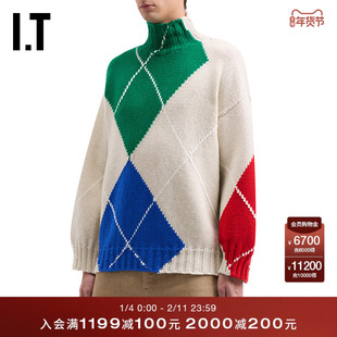 IT JW Anderson男装高领针织衫新款时髦质感彩色菱格纹绵羊毛毛衣