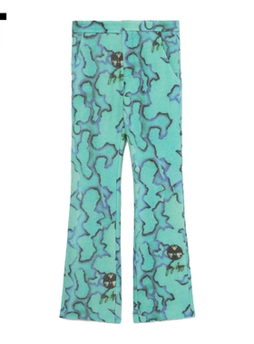 IT ERL男装毛呢喇叭裤新款时髦摩登合身长裤满幅图案花裤子P032ML