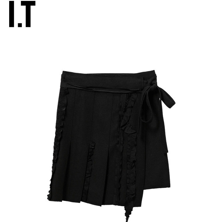 IT OPEN YY女装围裹式半身裙新款时髦复古木耳边饰短裙SK3BLKXQ