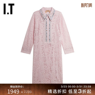 翻领连衣裙优雅气质铆钉缀饰蕾丝镂空直筒裙1423 N21女装