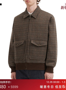 IT NOAH男装千鸟格羊毛呢夹克新款简约复古翻领拉链工装呢子外套
