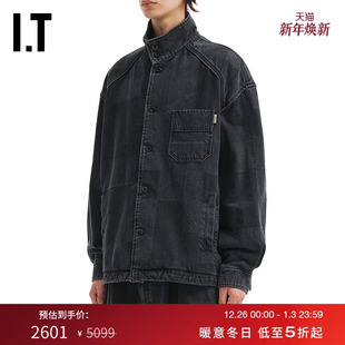 IT JUUN.J男装宽松立领牛仔夹克新款帅气潮酷拼块设计水洗外套