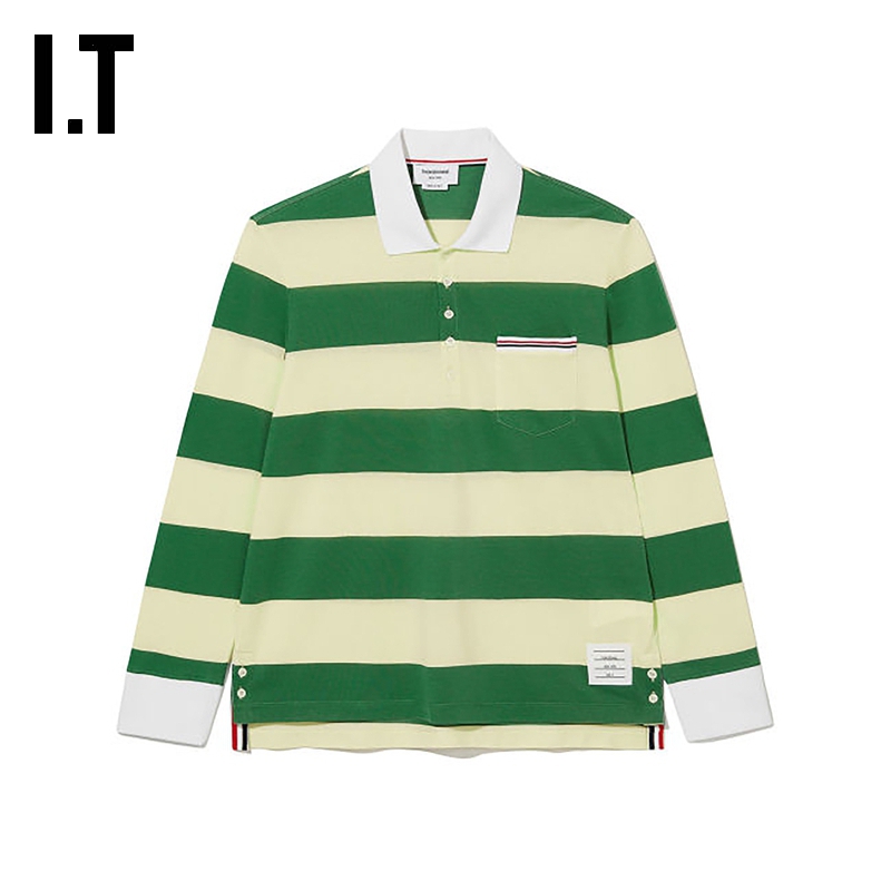 IT THOM BROWNE男装条纹polo衫青春活力少年翻领长袖上衣AJ0049NK