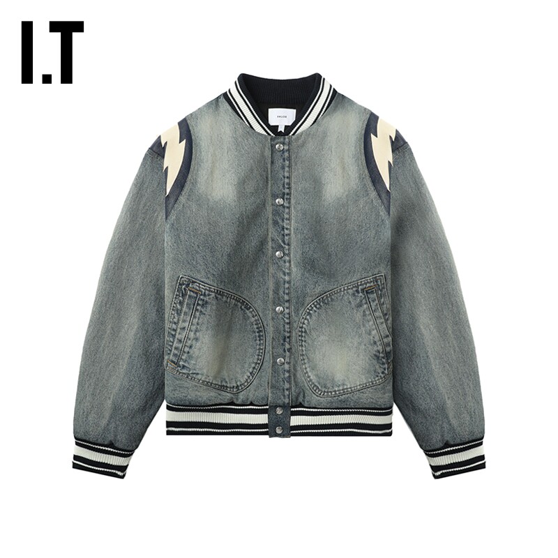 IT RHUDE男装牛仔棒球夹克新款复古摩登皮质拼接水洗外套JA0601MM