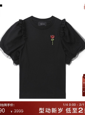 IT Simone Rocha女装合身泡泡袖T恤新款时尚薄纱叠层袖圆领内搭