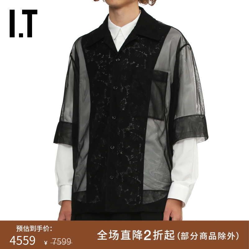IT Simone Rocha男装网纱透视短袖衬衫新款时髦摩登蕾丝拼接上衣